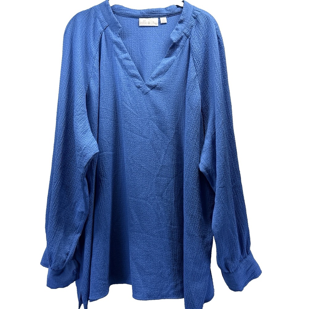 Belle by Kim Gravel Women's Top Sz 3X Plus Solid Blue Long Sleeve Crinkle V Neck